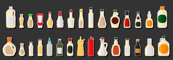 illustrazione a tema grande kit varie bottiglie di vetro riempite di sciroppo di yogurt liquido vettore