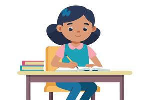 femmina elementare scuola alunno seduta a sua scrivania e fare sua scuola opera piatto illustrazione su bianca sfondo vettore