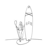 line art donna in giubbotto di salvataggio in piedi con paddle board sulla spiaggia illustrazione vettoriale isolato su sfondo bianco