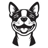 cane logo - un' allegro boston terrier cane viso illustrazione nel nero e bianca vettore