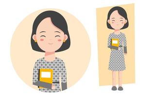insegnante femminile con illustrazione di personaggio dei cartoni animati carino che indossa costume batik e libro per banner di auguri per la giornata degli insegnanti, poster, post sui social media. vettore
