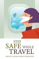 stare al sicuro durante il viaggio. poster vettoriale che incoraggia le persone a indossare maschere.