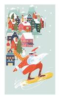 Babbo Natale fresco su uno snowboard. cartolina di Natale di vettore.
