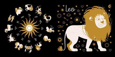 il segno zodiacale leone. oroscopo e astrologia. oroscopo completo nel cerchio. zodiaco della ruota dell'oroscopo con il vettore di dodici segni.