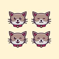impostare l'illustrazione del fumetto dell'icona della testa di gatto carina con varie espressioni del viso e indossare una collana vettore
