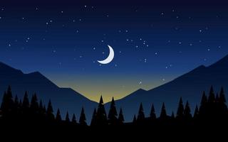 paesaggio di foresta di notte di montagna con luna e stelle vettore