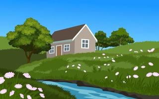 bella illustrazione del paesaggio di campagna con una casa vicino al fiume vettore