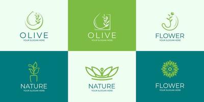 set di logo naturale creativo. olio d'oliva, fiori e foglie vettore