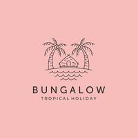 bungalow linea arte icona logo simbolo illustrazione disegno, Villetta e spiaggia minimo logo design vettore