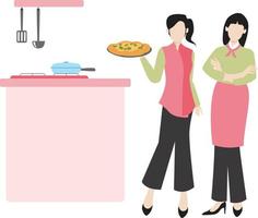due femmine con una pizza in piedi in cucina. vettore