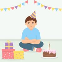 un' triste ragazzo seduta su il pavimento al di sopra di un' compleanno torta e regali. infelice bambino la spesa il compleanno solo. vettore