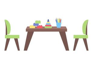 bambini arredamento. sedie e tavolo con colorato matite e giocattoli. interno design elemento. vettore