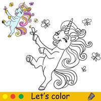 bambini colorazione con carino sognare unicorno con farfalle vettore