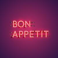 Parole realistiche al neon &#39;BON APPETIT&#39; per la pubblicità, illustrazione vettoriale