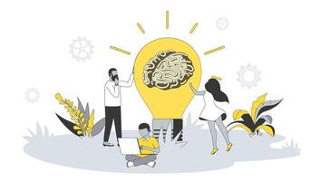 di brainstorming concetto nel piatto design con le persone. uomo e donna creare nuovo idee, scoperta risolve, pensiero e discutere a attività commerciale incontro. illustrazione con personaggio scena per ragnatela bandiera vettore