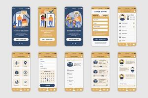 consegna concetto schermi impostato per mobile App modello. persone uso in linea ordine e veloce spedizione, globale trasporto. ui, ux, gui utente interfaccia kit per smartphone applicazione layout. design vettore