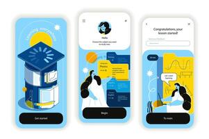 in linea formazione scolastica concetto onboarding schermi. guadagnando conoscenza per educativo piattaforma con lezioni. ui, ux, gui utente interfaccia kit con piatto persone scena. illustrazione per ragnatela design vettore