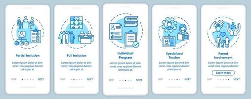 schermata della pagina dell'app mobile di onboarding dell'istruzione inclusiva con concetti. assistenza educativa per disabili con istruzioni grafiche in cinque passaggi. modello vettoriale dell'interfaccia utente con illustrazioni a colori rgb