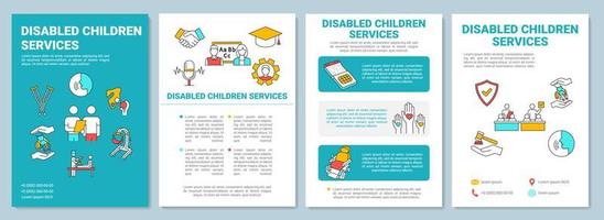 modello di brochure servizi per bambini disabili. programmi per portatori di handicap. volantino, opuscolo, stampa di volantini, design di copertina con icone lineari. layout vettoriali per riviste, relazioni annuali, manifesti pubblicitari