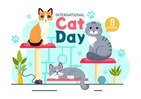 internazionale gatto giorno illustrazione su agosto 8 con gatti animali amore celebrazione nel piatto cartone animato sfondo design vettore