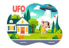 ufo volante navicella spaziale illustrazione con raggi di leggero nel cielo notte città Visualizza, rapisce umano e alieno nel piatto bambini cartone animato sfondo design vettore