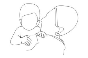 un padre tiene in braccio un bambino. disegno a linea continua vettore