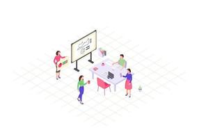 illustrazione vettoriale di colore isometrica lavoro di squadra. concetto di presentazione aziendale 3d. infografica di coworking. relazione annuale. ricerche di mercato, analisi. pianificazione della strategia di marketing. pagina web, design dell'app mobile