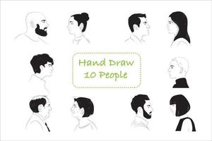 vettore illustrato volti di persone.set di uomo e donna disegnati a mano schizzo, contorno, bianco e nero, illustrazione