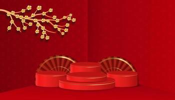 felice anno nuovo cinese con podio. scena del capodanno cinese per la pubblicità. Fondo dell'illustrazione di progettazione di vettore del podio 3d