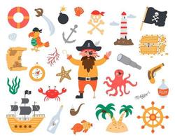 bundle pirata impostato in stile disegnato a mano piatto. pappagallo, nave, tesoro, mappa, abitanti del mare vettore