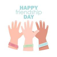 tre mani con diverso pelle colore con amicizia bracciali su amicizia giorno vettore
