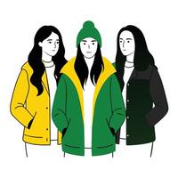 tre senza volto femmina amici indossare inverno giacche con diverso pose vettore