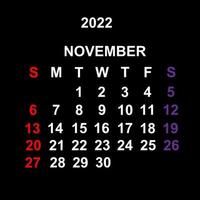 novembre 2022, design del modello di calendario su sfondo nero. la settimana inizia di domenica. vettore