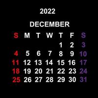 dicembre 2022, design del modello di calendario su sfondo nero. la settimana inizia di domenica. vettore