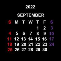 settembre 2022, design del modello di calendario su sfondo nero. la settimana inizia di domenica. vettore