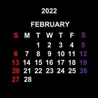 febbraio 2022, design del modello di calendario su sfondo nero. la settimana inizia di domenica. vettore