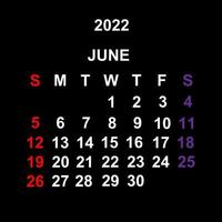 giugno 2022, design del modello di calendario su sfondo nero. la settimana inizia di domenica. vettore