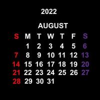 agosto 2022, design del modello di calendario su sfondo nero. la settimana inizia di domenica. vettore