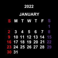 gennaio 2022, design del modello di calendario su sfondo nero. la settimana inizia di domenica. vettore