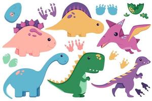 un set di simpatici dinosauri per decorare la scuola materna, adesivi dell'era mesozoica per bambini, tirannosauro, pterodattilo, stegosauro, brachiosauro e diplodocus in uno stile piatto, isolato su un bianco. vettore