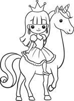 unicorno cavallo Principessa kawaii cartone animato personaggi, carino Linee e colorato colorazione pagine. vettore