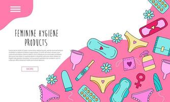 pagina di destinazione disegnata a mano con prodotti per l'igiene femminile con elementi colorati vettore