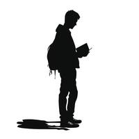 viaggiatore con zaino e libro silhouette vettore