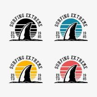 logo design surf extreme est 1985 con pinne di squalo vintage illustrazione vettore