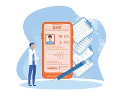 elettronico Salute disco, ehr digitale paziente tavoletta grafico, maschio medico. nuovo tecnologia per sostituire carta clinico dati, medico trattamento storia applicazione. piatto moderno illustrazione vettore