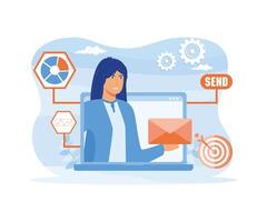 e-mail marketing, mailing servizio concetto. manager invio Messaggio attraverso un' marketing automazione sistema. e-mail campagna, newsletter. Internet marketing utilizzando un' il computer portatile. piatto moderno illustrazione vettore