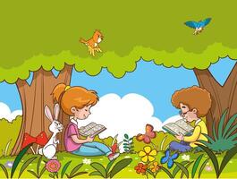 illustrazione di bambini lettura libri sotto alberi vettore