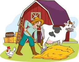 illustrazione di cartone animato personaggio di contento contadino e il suo mucche su biologico rurale azienda agricola vettore