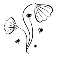 fiori stilizzato scarabocchio disegno, ginkgo foglia con cuori, schema disegno, icona, logo. elegante design elemento per decorazione di carte, matrimoni, Congratulazioni, compleanno. vettore