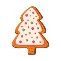 Pan di zenzero biscotto Natale albero nel cartone animato stile. vacanza inverno simbolo, festivo tratta, Natale biscotti. inverno fatti in casa dolci nel forma di Natale albero. illustrazione su un' bianca sfondo. vettore